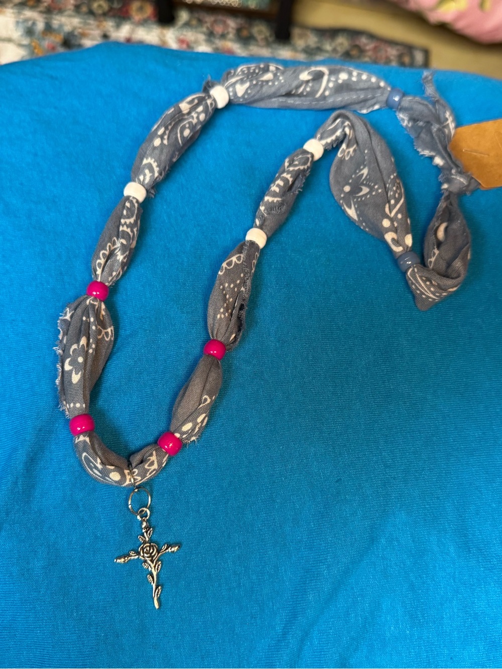 Grey Bandana Beaded Cross Necklace - Women Accessories